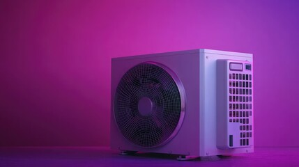 Cutting-edge heat pump displayed on a dark purple gradient background, representing future HVAC tech.