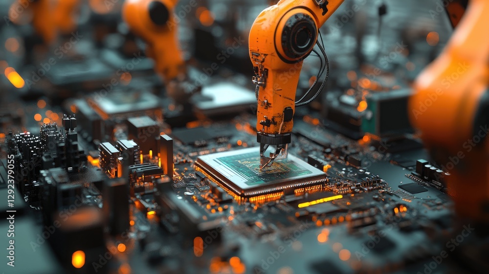 Aufkleber cutting-edge robotic arms assembling circuit boards with ultra-fast precision in a futuristic electr