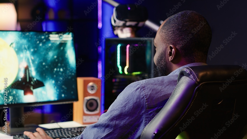 Aufkleber gamer in neon lit apartment home shooting meteorites in spaceship flying singleplayer game on comput