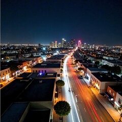 Fototapeta premium Panoramic gaslamp district view at night with long exposure, lights, citylights