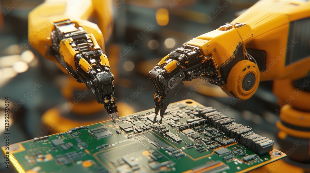 Poster cutting-edge robotic arms assembling circuit boards with ultra-fast precision in a futuristic electr