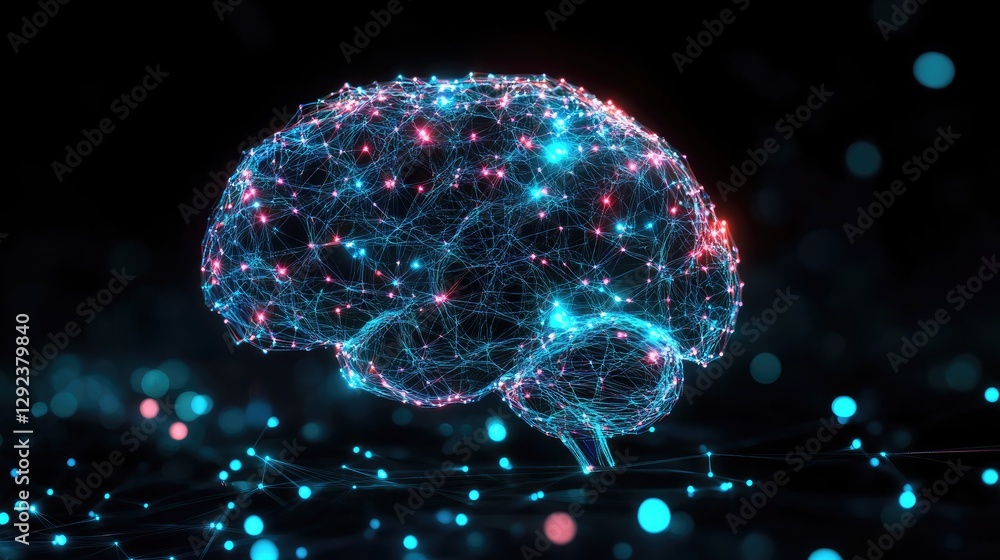 Poster cybernetic brain with advanced holographic neural connections processing real-time data.