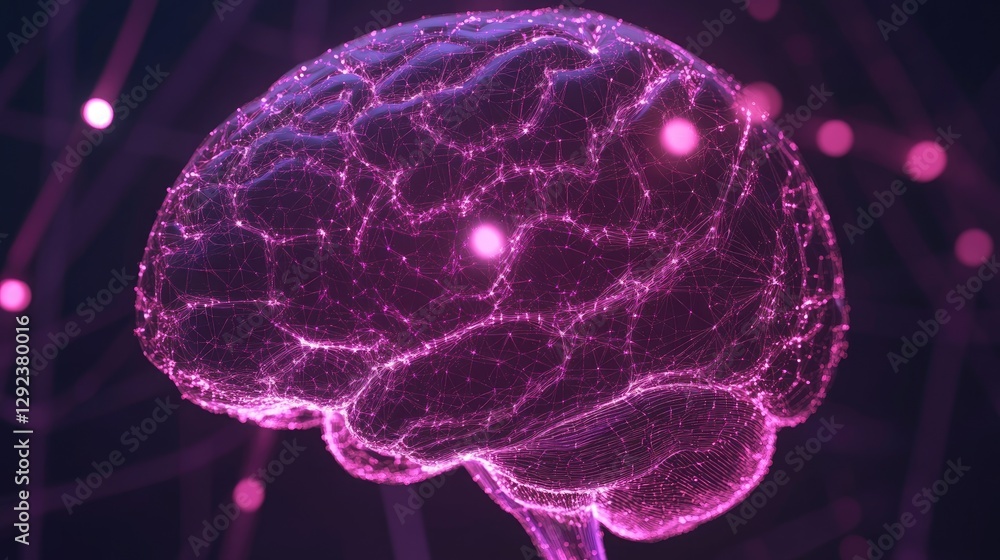 Poster cybernetic brain with advanced holographic neural connections processing real-time data.