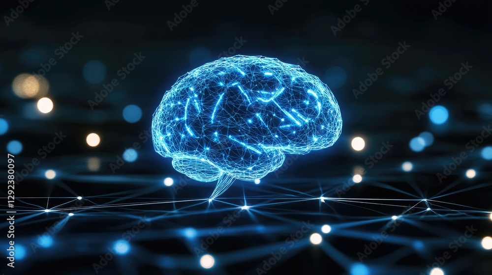 Poster cybernetic intelligence concept with a glowing blue brain linked to a network of supercomputers.