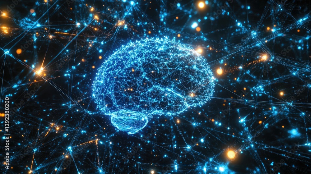 Poster cybernetic intelligence concept with a glowing blue brain linked to a network of supercomputers.
