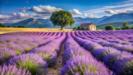 Lavender Field, Tree, Chapel, Mountains