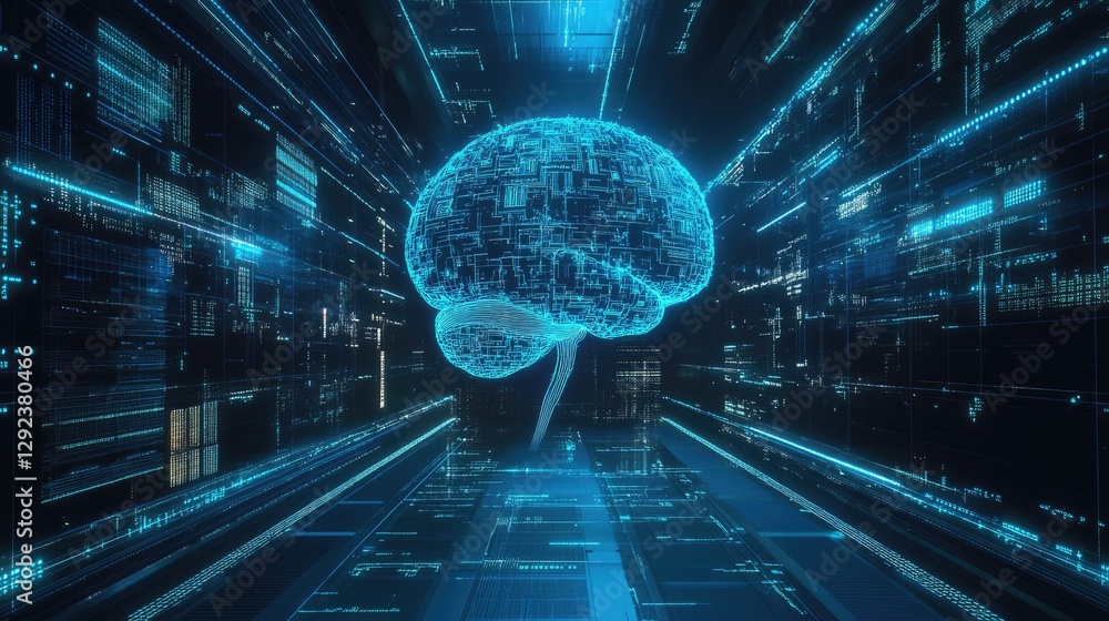 Poster cybernetic intelligence concept with a glowing blue brain linked to a network of supercomputers.