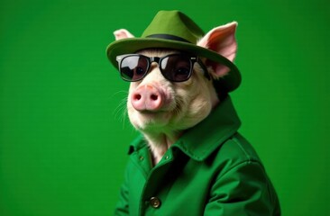 Stylish pig in a green coat and sunglasses, wearing a hat, with a cocktail monochrome green background, commercial photography