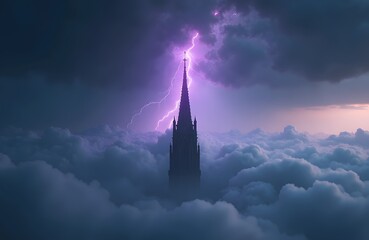 Fototapeta premium A gothic spire pierces a stormy sky its tip glowing with a faint violet flame. Lightning illuminates a sea of rolling clouds below.