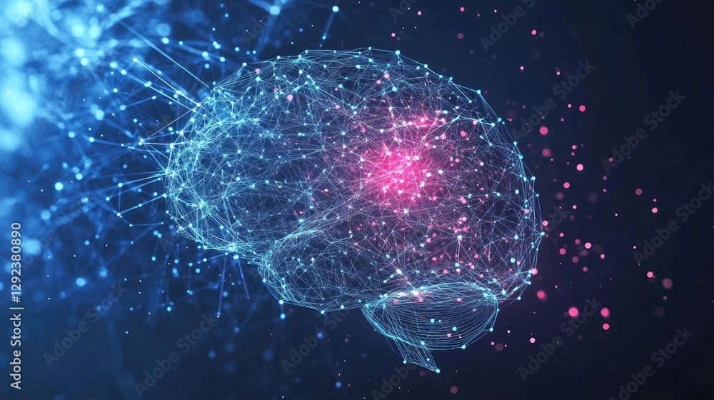Poster data particles traveling from an organic brain into a futuristic ai-driven supercomputer.