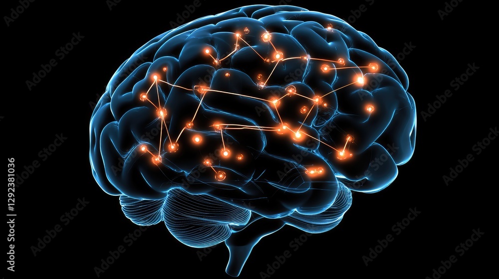 Poster digital brain with high-tech neural pathways connecting to a holographic interface, showcasing ai-as