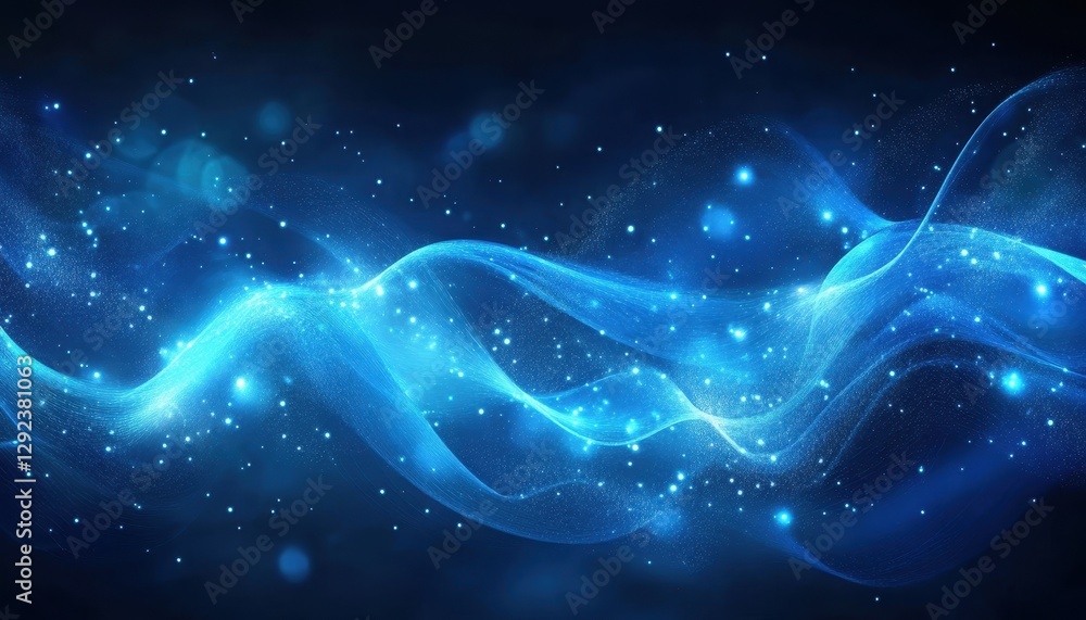 Poster abstract blue wave of glowing particles and lights: digital art background