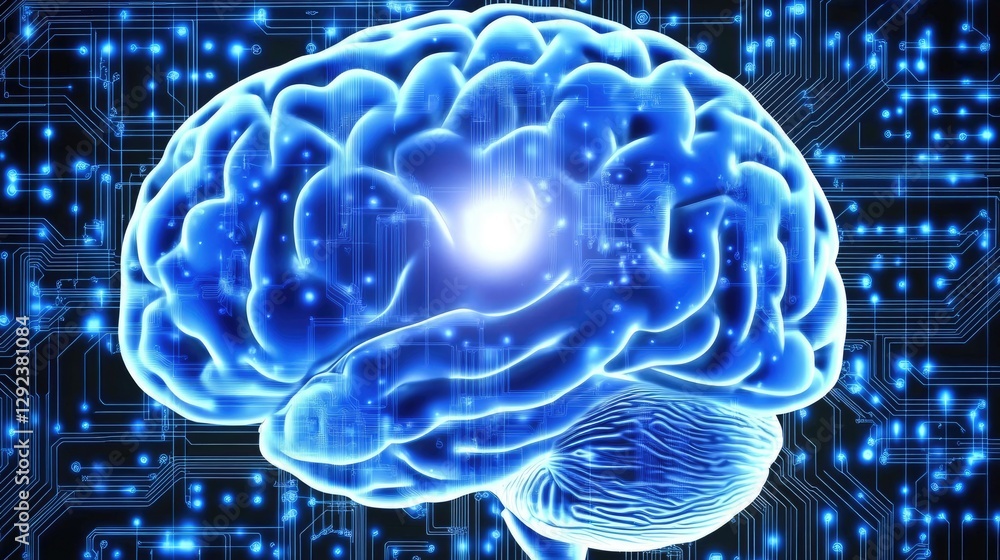 Poster digital brain with high-tech neural pathways connecting to a holographic interface, showcasing ai-as