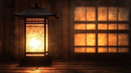 A wooden lantern illuminating with warm light in the dark