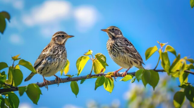 A pair of colorful larks with soft, plump feathers, resting on a leafy branch, creating a peaceful nature scene.