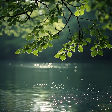 A tree branch with vibrant green leaves extends over calm water, creating a serene natural scene.