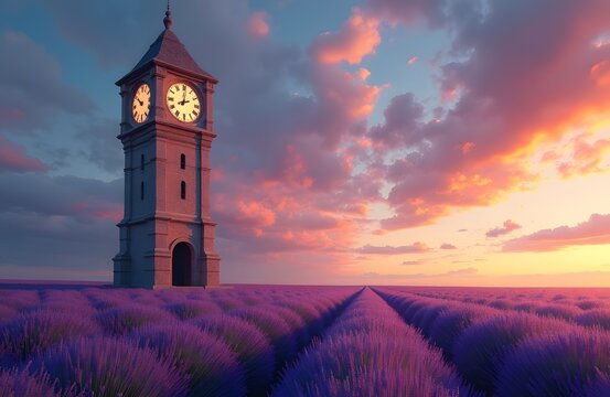 A towering clocktower stands alone in a field of swaying lavender its face ticking backward. A sky of molten gold swirls with sapphire and ruby streaks.