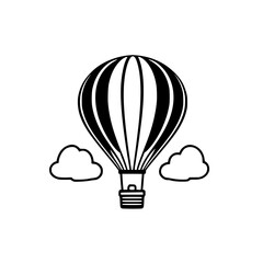 Obraz premium Hot Air Balloon Silhouette: A monochrome illustration of a hot air balloon floating between fluffy clouds.