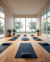 Fototapeta premium A peaceful, modern yoga studio featuring large floor-to-ceiling windows, wooden flooring, and neatly arranged yoga mats. The open space is illuminated with natural light, creating a tranquil atmospher