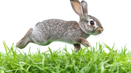 Fototapeta premium A rabbit leaping through vibrant green grass in a lively outdoor setting.