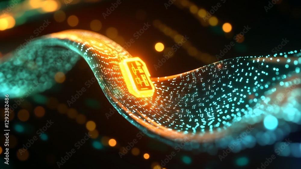 Poster abstract glowing data transfer with circuit board illustration on curved path