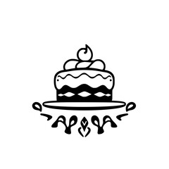 Cake adorned with stylized frosting, served on a plate with decorative elements.
