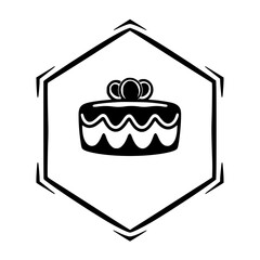 Black and White Cake Icon: Sweet Dessert with Cake and Hexagon Border.