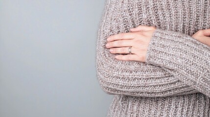 Person in warm knit sweater, arms crossed, neutral background.  Possible use illustration of comfort and warmth