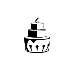 Black and white graphic illustration of a three-tiered cake with a single burning candle.