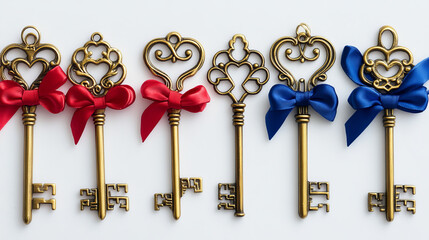 Gold vintage keys with red and blue ribbon bows. Decorative collection showing heart motifs, curly ornaments, oval shapes. Shiny metallic antique elements decorated with colorful satin knots.