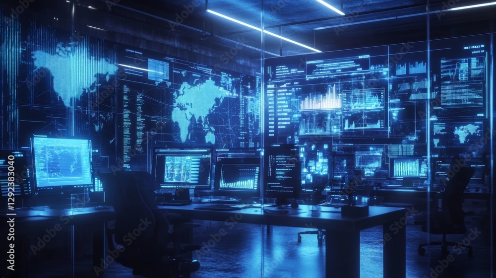 Poster imagine a hightech control room bathed in sleek blue lighting, with screens showing realtime data fo