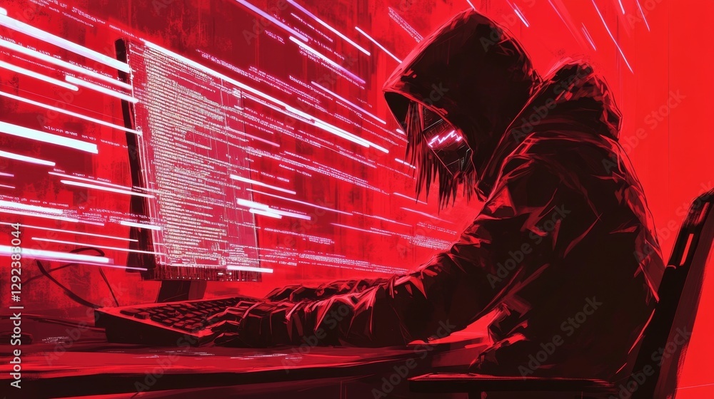 Poster hacker engaged in digital intrusion home office cybersecurity analysis virtual environment intrusive