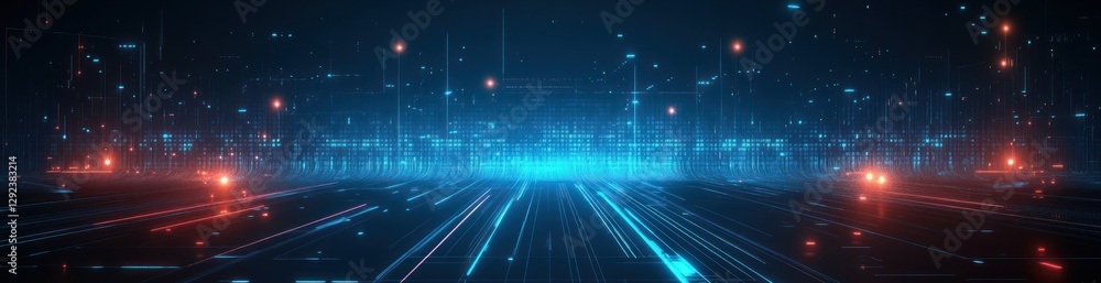 Poster futuristic digital landscape with cyberpunk inspired abstract geometric patterns and glowing neon li