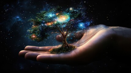 A cosmic tree growing inside a nurturing and open hand