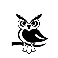 Black-and-white graphic illustration of an owl perched on a branch in front of white background.