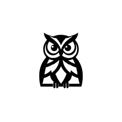 Black and white minimalist owl, design: standing symmetrical, focused, isolated in white.