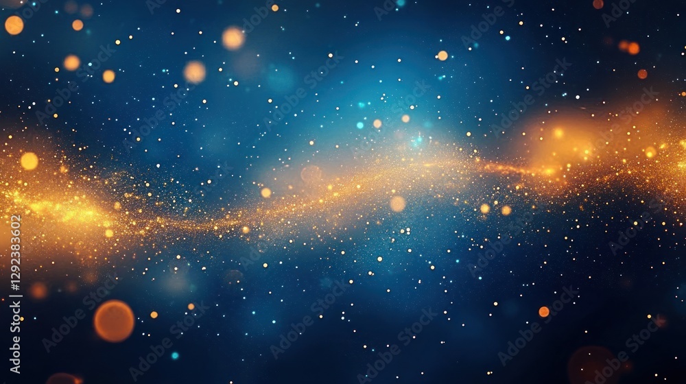 Poster abstract blue and gold bokeh lights background with soft focus and ethereal depth