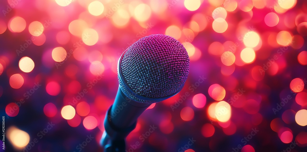 Poster microphone on stand with colorful bokeh lights in background