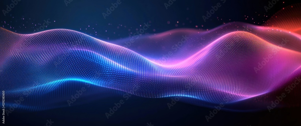 Poster dynamic abstract wave pattern flowing mesh dots on dark blue background for futuristic technology de