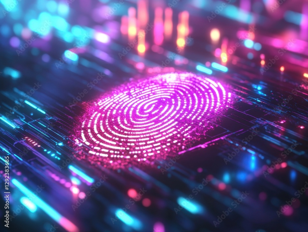 Poster abstract futuristic fingerprint digital art with neon glow and circuit lines