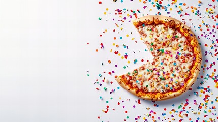 Obraz premium A slice of pizza with sprinkles on a white background, surrounded by colorful confetti. Festive and delicious!