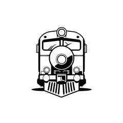 Fototapeta premium Black and white, front-on view of a train engine, featuring stylized lines, a large circular headlight, and minimalist style.