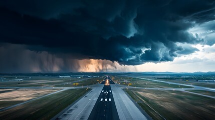Dramatic storm approaches airport aerial view nature overcast sky thunderous concept