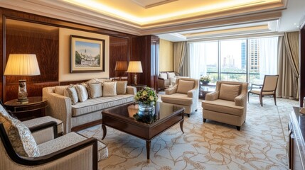 Fototapeta premium Elegant hotel suite featuring a separate living area, luxurious furniture, and modern design