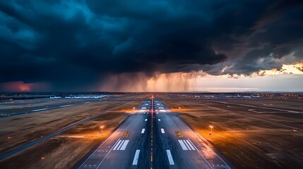 Dramatic storm approaching airport aerial view nature atmospheric threatening concept