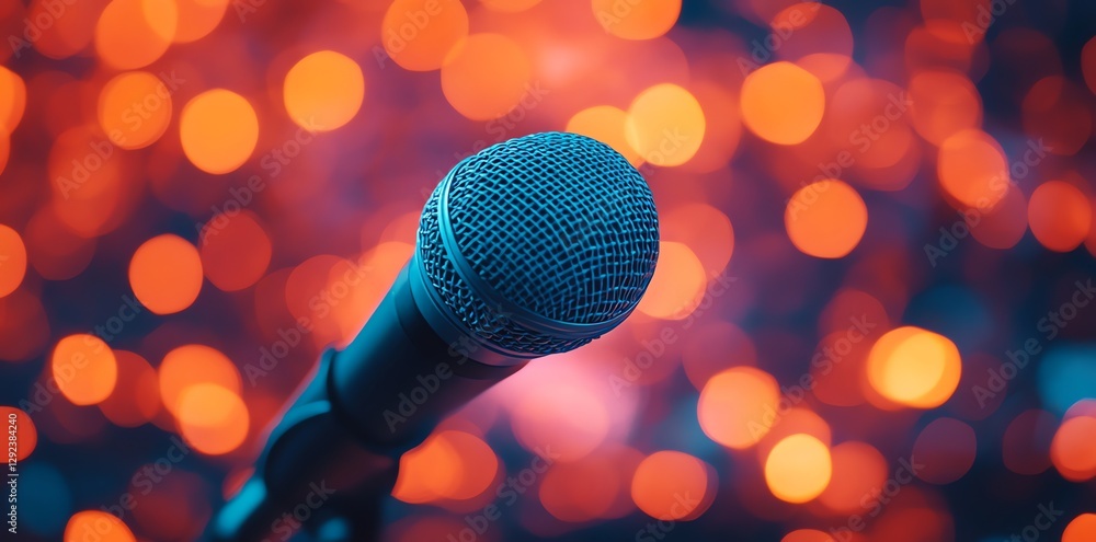 Poster microphone on stage with bokeh lights creating festive atmosphere