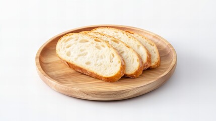 Three slices of crusty bread on a wooden plate. A simple, rustic presentation of freshly baked bread.