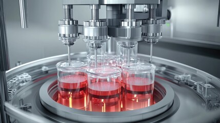 A high-tech machine dispensing liquid into glass containers in a lab setting.