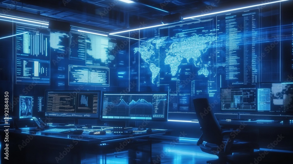Poster in a modern control room with calming blue tones, skilled analysts monitor complex data streams and 