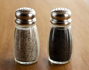 A pair of classic salt and pepper shakers on a tabletop. Transparent glass with metal tops, filled with white salt and black pepper. Soft lighting highlights their texture against a neutral background